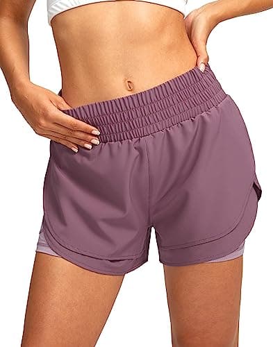 Soothfeel Women's 2 in 1 Running Shorts High Waisted Athletic Shorts Exercise Gym Workout Shorts for Women with Pockets Purple - Image 1