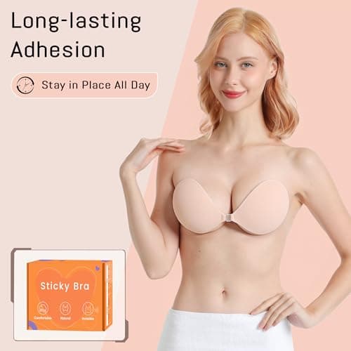 GKHWON Sticky Push Up Strapless Bras for Women,Ultra Adhesive Bra for Backless Dress,Invisible Silicon Bra with Nipple Covers (A Cup,Nude) - Thumbnail 3