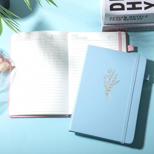 Lined Journal Notebook for Women Cute Leather Journaling Notebooks for Writing 192 Pages A5 Hardcover Aesthetic Floral Diary, 5.7 x 8.3 in, Blue - Thumbnail 3