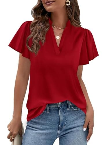 PRETTYGARDEN Women's 2026 Summer Satin Blouses Dressy Casual Ruffle Cap Sleeve V Neck Business Work Cute Tops Spring Outfits (Red,X-Large) - Image 1