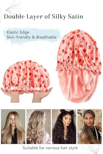 Vettres Silk Hair Bonnet for Sleeping with Scrunchie Adjustable Sleep Bonnets Double Layer Satin Sleep Cap for Curly Hair Strawberries - Thumbnail 5