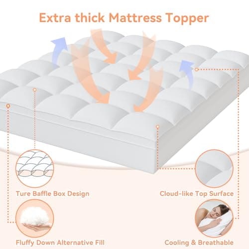 Topllen Full Mattress Topper for Back Pain Relief, Extra Thick Pillow Top Plush Mattress Pad with Deep Pocket, Soft Pillowtop Full Size Bed Toppers Filled Fluffy Down Alternative, White - Thumbnail 2