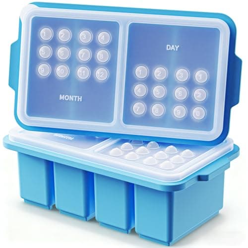 EuChoiz 2 Pack Silicone Freezer Tray Cubes 1 Cup with Date Mark Lids for Freezing Food Leftovers Sauces Portion and Lasagna Broth, Soup Freezer Molds for Meal Prepping Thick Enough