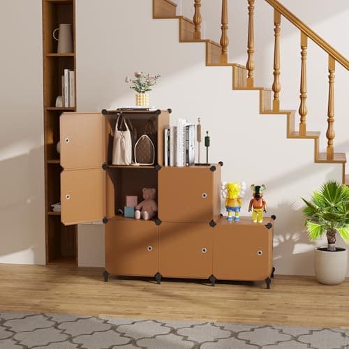 ATTDETJL Cube Storage Organizer, 6-Cube Shelves Unit with Doors, DIY Stackable Plastic Clothes Organizer for Bedroom and Under Stairs Storage Unit, Each Compartment 30 x 30 x 30 cm Brown ATTSL6007 - Thumbnail 6