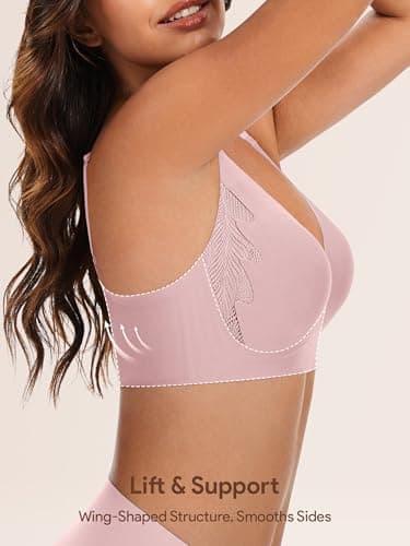 Angelhood Bra for Women No Underwire Seamless Full Coverage Bralettes Lace Edge Ultra Comfort Support T-Shirt Bra Push Up Pink - Thumbnail 2