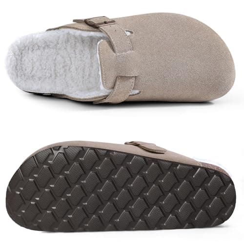 KIDMI Women's Fur Lined Suede Clogs Fuzzy Cork Footbed Mules Slip On Winter Potato Shoes, Taupe 46 (Size 14) - Thumbnail 3