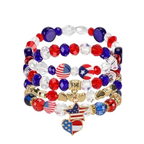4th of July Bracelets, USA Flag Stars Stripes Stretch Bracelets for Women Teens, Red White and Blue Accessories Jewelry Gift for Patriotic Party - Image 1