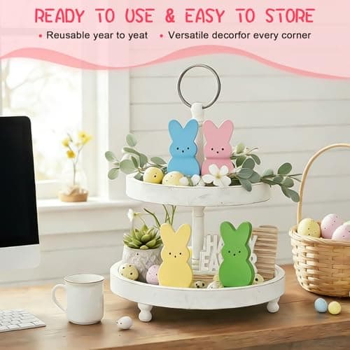 Easter Spring Decorations for Home – 4 Pcs Wooden Bunny Table Decor, Wood Rabbit Tabletop Signs with Jute Bows for Tiered Tray Mantel Shelf Office Easter Party Supplies - Thumbnail 3
