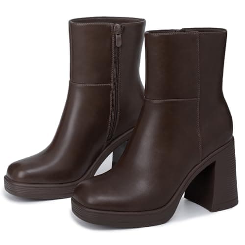 Athlefit Women's Platform Ankle Boots High Chunky Block Heel Brown Boots Fashion Square Toe Zipper Heeled Booties Size 11 - Thumbnail 5