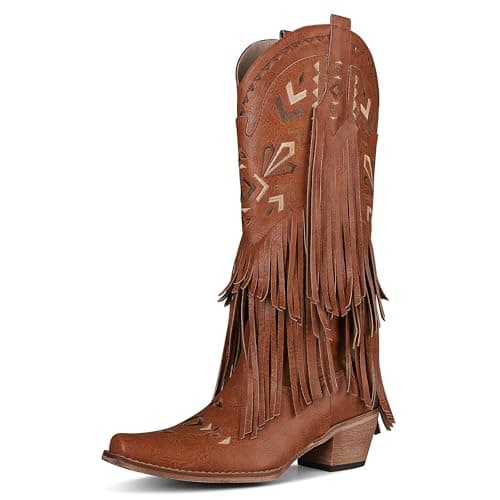 SaraIris Women's Cowgirl Boots Knee High Fringe Boots Tassel Western Boots Classic Embroidered Boots Chunky Heel Pointed Toe Pull On Cowboy Boots for Women - Thumbnail 3