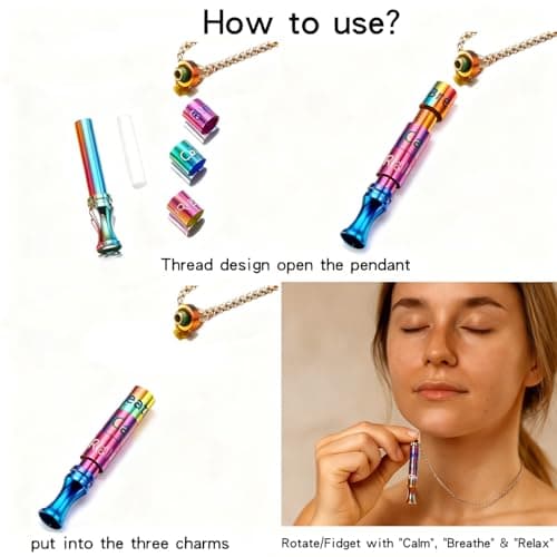 Fidget Necklace with Spinning Calm, Breathe, Relax Charms - Sensory Anxiety Relief & Deep Breathing Aid Stainless Steel Necklaces for Women Men (Rainbow) - Thumbnail 5