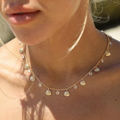 MTMY Gold Choker Necklace for Women 14K Gold Plated Cubic Zirconia Cross Heart Shell Teardrop Charm Station Choker Necklace Dainty CZ Chain Necklaces for Women Summer Jewelry Gifts(Shell) - Thumbnail 4