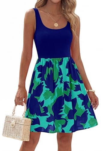 KIRUNDO Womens Summer Sleeveless Boho Floral Mini Dress 2026 Scoop Neck Tank A Line Flowy Beach Vacation Resort Wear Sundress(Blue Green, Small) - Image 1