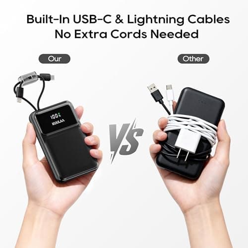 Kuulaa Portable Charger with Built in Cables 10000mAh, Slim Travel Power Bank with LED Display, 22.5W Fast Charging Battery Pack for iPhone 17 16 15 14 13 12 Android,Black - Thumbnail 3