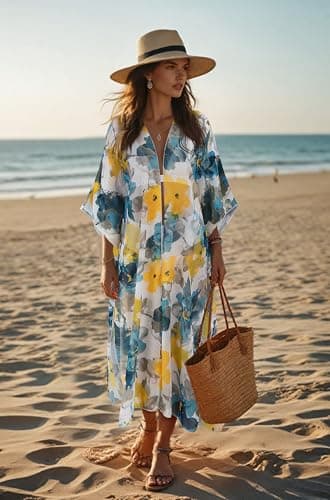 MayBuy Kimonos for Women Swimsuit Coverups Beach Cover Up Swimwear Long Flowy Chiffon Cardigan Summer Boho Open Front Cover Up Big Flower Folds XXXL - Thumbnail 5