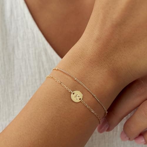MONOZO Initial Bracelets for Women Jewelry Gifts - 18K-Gold-Plated Letter Initial Bracelet Dainty Disc Letter F Initial Bracelet for Her Gold Bracelets for Women Jewelry Gifts - Thumbnail 4