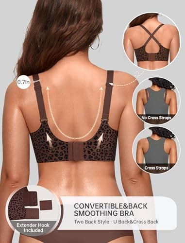 OEAK Women Jelly Bras No Underwire Scalloped Push Up Buttery Soft Tshirt Bra Seamless Full Coverage Convertible Everyday Bra Leopard Coffee,4XL - Thumbnail 3