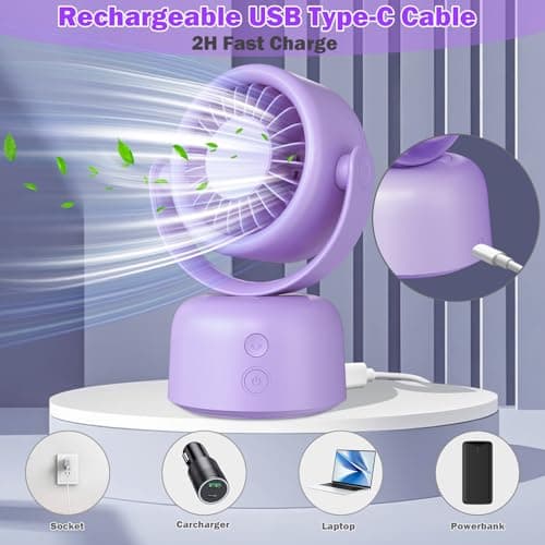 Small Quiet Desktop Fan, 3 Speeds Oscillating Fan with Auto 90° Rotate & Manual 120° Tilt Head, 0.72 Lb USB-C Corded Powered Mini Desk Fan for Outdoor Indoor Office Bedroom Travel (purple) - Thumbnail 6
