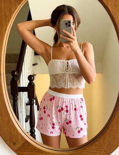 Frcdaunrs Lightweight Summer Pajama Shorts Women Elastic Waist Pj Shorts Cute Sleep Boxer Bottoms with Button Cherry Print - Thumbnail 6