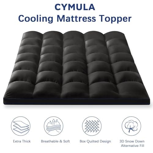 CYMULA Short Queen Mattress Topper, Cooling Bed Mattress Topper, Thick Mattress Pad Cover Pillow Top Mattress Topper, Black Plush Down Alternative Fill - Thumbnail 2