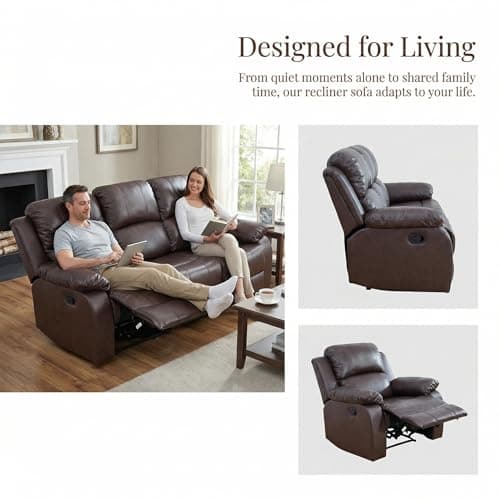 FUOROLA 3 Seater Manual Recliner Sofa, Brown, Bonded Leather, High-Density Foam, Solid Wood Frame, Reclining Couch for Living Room, Home Theater (Brown) - Thumbnail 3