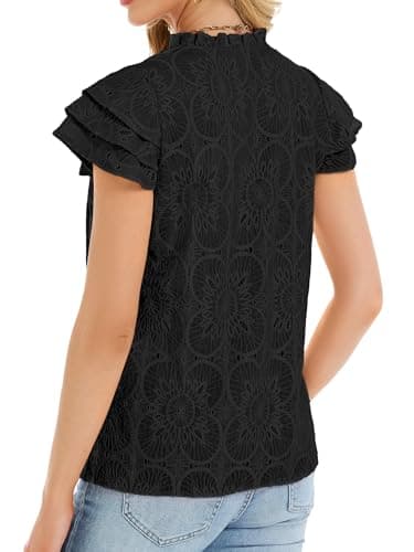Funlingo Womens Blouses Dressy Casual Summer Cap Short Sleeve Hollow Out Eyelet Tops Ruffle Collar Lace Crochet Embroidered Shirts Black 2XL - Thumbnail 4