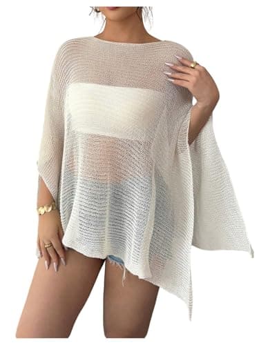 RoseSeek Women's See Through Knit Poncho Shawl 3/4 Sleeve Split Asymmetrical Shrug Sweater Cover Up Apricot X-Large - Image 1