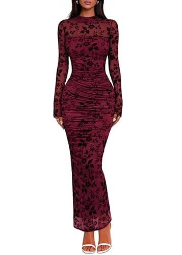 Lazysmile Women's Long Sleeve Floral Bodycon Maxi Dress 2026 Elegant Ruched Mesh Formal Cocktail Party Wedding Guest Dresses Wine Red - Image 1