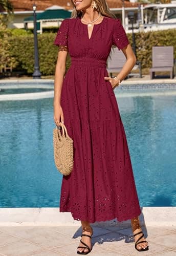 PRETTYGARDEN Short Sleeve Summer Dresses for Women 2026 Elegant Classy Boho High Waist A Line Pleated Wedding Guest Dress (Burgundy, Small) - Thumbnail 3
