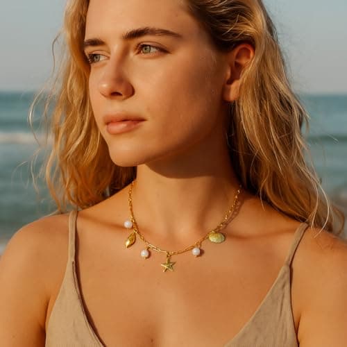 Seashell Charm Necklace for Women, Gold Summer Necklace Cute Vintage Beach Necklace 17" Paperclip Chain With Starfish Pendant Charms Necklaces as Waterproof Summer Jewelry Beach Stuff for Vacation - Thumbnail 2