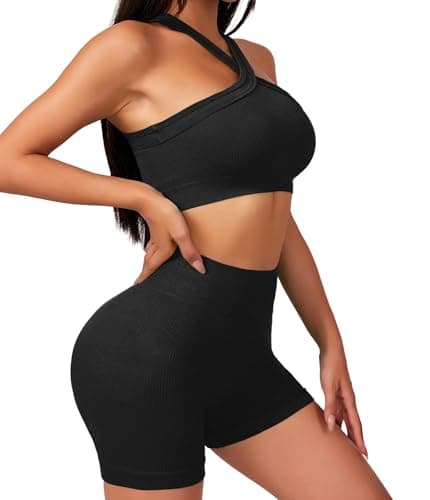 YOAKUKA Women's 2 piece Workout Sets Halter Sports Bra Scrunch Butt Impact Shorts Athletic Yoga Outfits - Image 1
