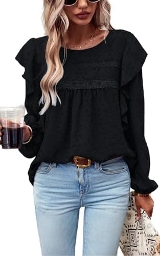 PRETTYGARDEN Women's Long Sleeve Blouses 2025 Fall Fashion Ruffle Swiss Dot Crochet Loose Fit Tunic Dressy Casual Tops Trendy (Black, S) - Image 1