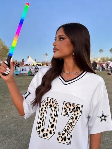TAKEYAL Oversized Tshirts for Women Football Jersey V Neck Vintage Graphic Tees Summer Y2K Womens Tops Trendy X-Large White - Thumbnail 5