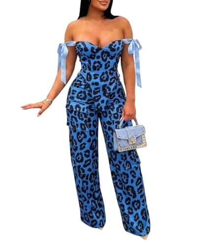 knowfashionstyle Sexy 2 Piece Sets For Women Going Out Sleeveless Croset Top And Wide Leg Pants Set Party Birthday Outfits BlueLeopard S