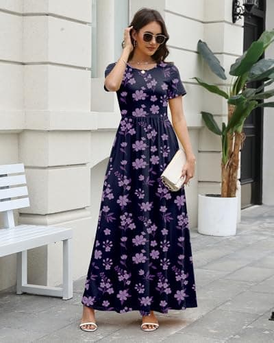 COSSEN Women’s Crewneck Short Sleeve Maxi Dress Purple Print Large with Pockets – Casual Loose Swing Sundress for Wedding Guest, Beach & Vacation - Thumbnail 4