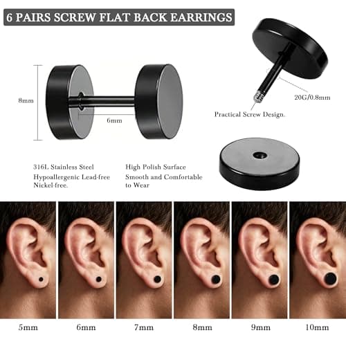 Hypoallergenic Black Dot Stud Earrings for Men Women, Flat Back Stainless Steel Cartilage Piercing Ear Tunnel 5mm-10mm (6Pairs-Black-Studs) - Thumbnail 5