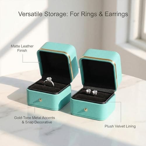 HYLYLEED Elegant Ring Box Premium Leather Engagement Ring Box Jewelry Gift Box for Wedding Proposal Velvet Interior Stud Earrings Case, Light Blue - Thumbnail 4