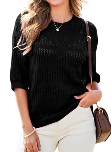 Dokotoo Lightweight Sweaters for Somen Striped Knit Half Sleeve Summer Tops for Women 2026 Beach Vacation Outfits for Women Black Large - Image 1