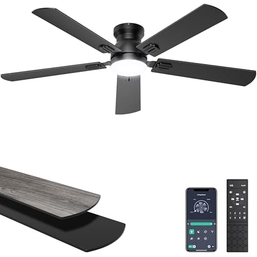 Ohniyou Ceiling Fans with Lights, 52 Inch Low Profile Ceiling Fan with Light and Remote/APP Control, Flush Mount, Dimmable, Qiuet DC Motor, Black Ceiling Fan for Bedroom, Living Room - Image 1