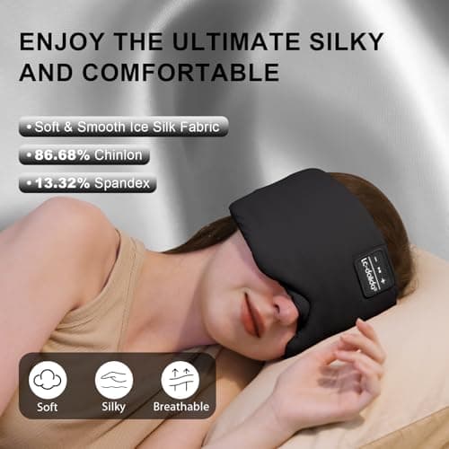 LC-dolida Sleep Mask with Bluetooth Headphones, Ice Silk Sleep Headphones with Bluetooth 5.4, Total Blackout Eye Mask for Sleeping, Sleep Soft Mask for Women Men, All Night Sleep, Travel(Black) - Thumbnail 2
