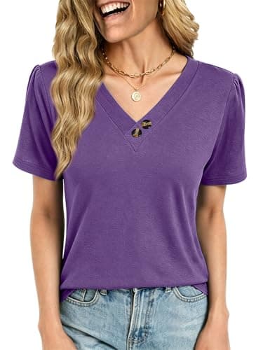 VUTRU Short Sleeve Shirts for Women Blouses Summer Tops Petite Henley Tunic Dressy Casual Plus Size Holiday Boho Clothing, Purple M - Image 1