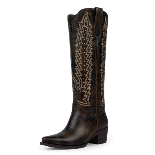 VIUGJNEX Dark Chocolate Brown Cowboy Boots for Women Knee High Western Cowgirl Boots Wide Calf Slip On Chunky Heel Pointed Toe Pull On Tall Boot for Party Concert Retro Classic Size 8.5 - Thumbnail 5