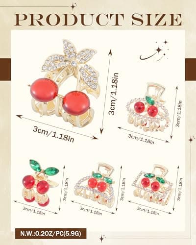6PCS Rhinestones Cherry Small Hair Clips-Mini Claw Clips for Women, Metal Springs, Cute Hair Accessories for Updo and Half Up Styles (Oval Cherry) - Thumbnail 3