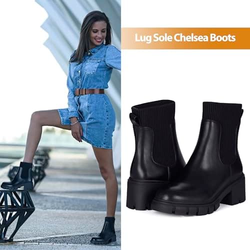 Athlefit Women's Black Chelsea Boots Fall Platform Ankle Boots Slip on Chunky Lug Sole Boots - Thumbnail 2