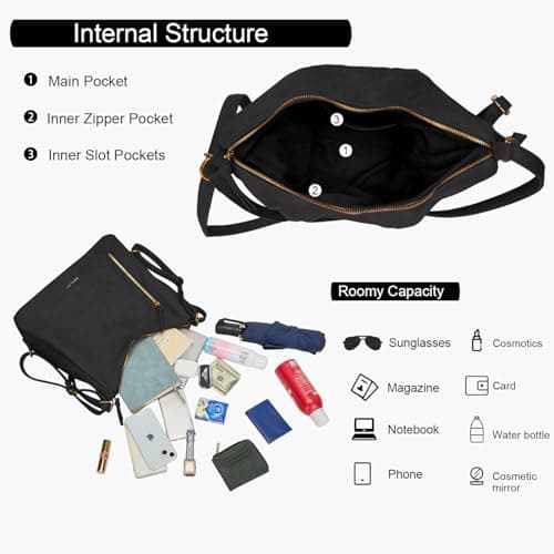 Women Hobo Bag Faux Leather Tote Handbags, Black - Thumbnail 4