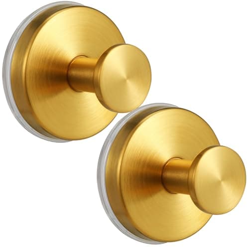 warlve Large 15lb Suction Cup Hooks for Shower, No-Drill Bathroom Towel Hooks for Robes, Loofah, Removable Mountable on Glass, Tile, Mirrors, Smooth Non-Porous Surfaces (2, Brushed Gold) - Image 1