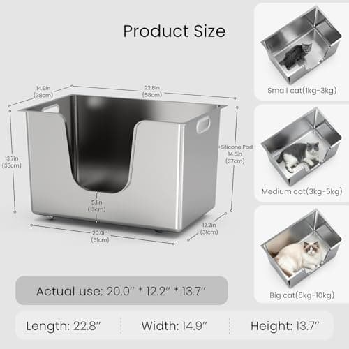 Enclosed Stainless Steel Cat Litter Box 13.8” High Sides, Extra Large Litter Box for Big Cats, XL Metal Kitty Litter Pan Pet Toilet with Wheels for Easy Mobility, Anti-Leakage, Non-Sticky, Easy Clean - Thumbnail 2