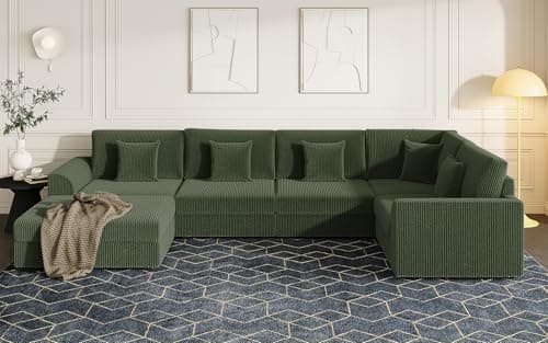 Oversized Modular Sectional Sofa with Storage, Modern Sleeper Sofa, Extra Deep Seat Comfy Corduroy Cloud Couch with Ottoman and 5 Pillows for Living Room (U Shape Sectional with Storage, Green) - Thumbnail 4