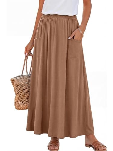 ANRABESS Womens Maxi Skirt Summer Casual Flowy A-line Elastic Waist Beach Long Skirts with Pockets Spring Vacation Clothes Khaki Medium - Image 1