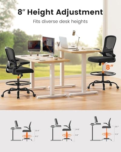 ErGear Drafting Chair, Standing Desk Chair with Flip-Up Armrests, High Desk Chair Adjustable Height, Ergonomic Tall Office Chair with Lumbar Support and Adjustable Footrest Ring - Thumbnail 5
